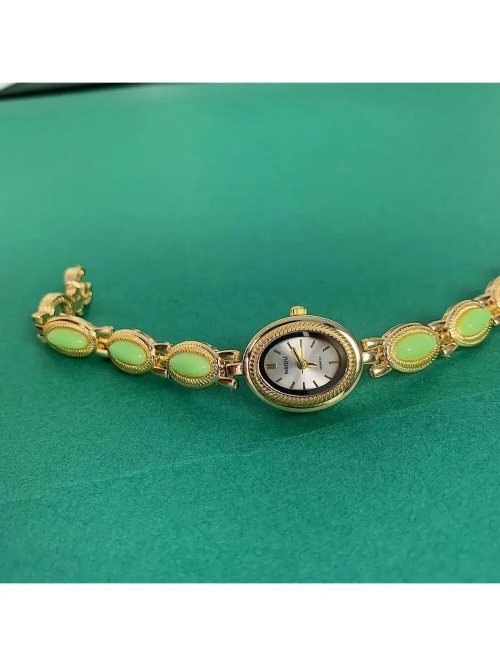 Y2k style Dainty cute Gold style tone quartz watch with lime green jade stone op